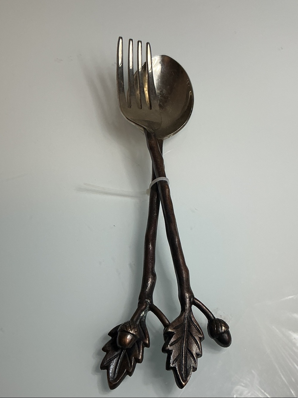 Vintage Botanical Oak Leaf & Acorn Salad Serving Set Twig Handles